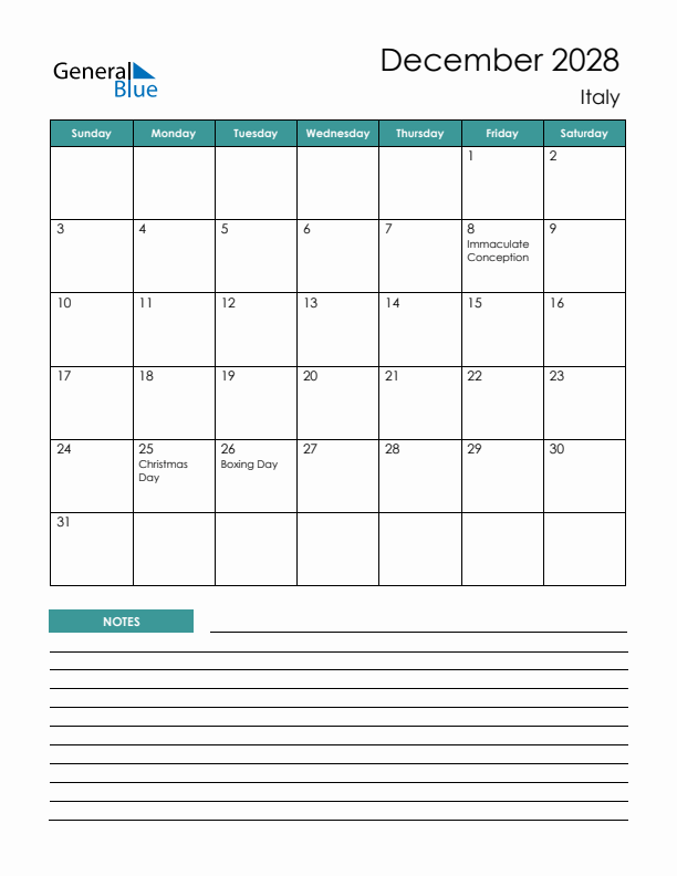 Calendar with Notes Printable - Sunday Start