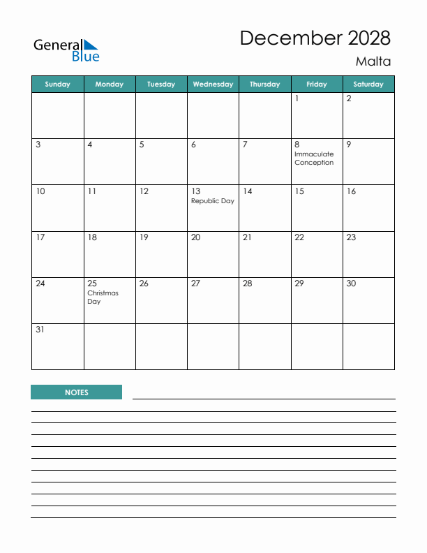 Calendar with Notes Printable - Sunday Start