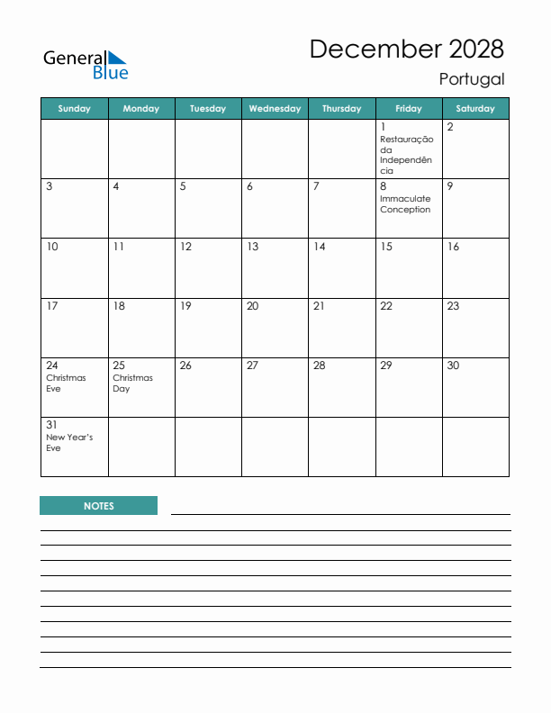 Calendar with Notes Printable - Sunday Start