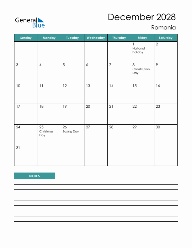 Calendar with Notes Printable - Sunday Start