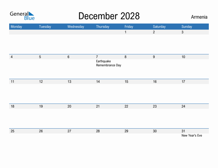 Fillable December 2028 Calendar