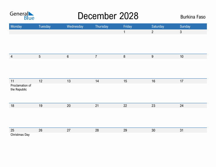 Fillable December 2028 Calendar