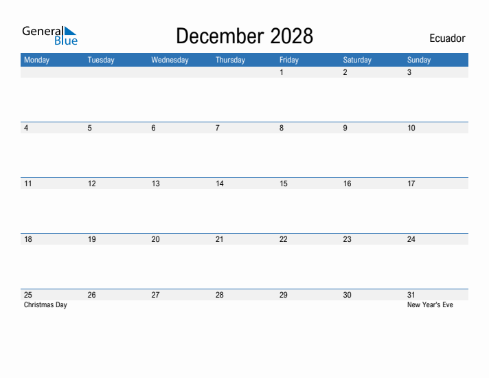 Fillable December 2028 Calendar