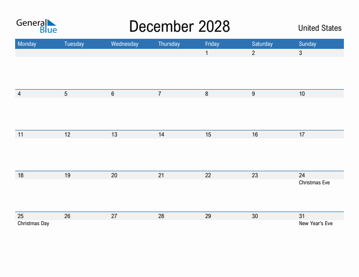 Fillable December 2028 Calendar