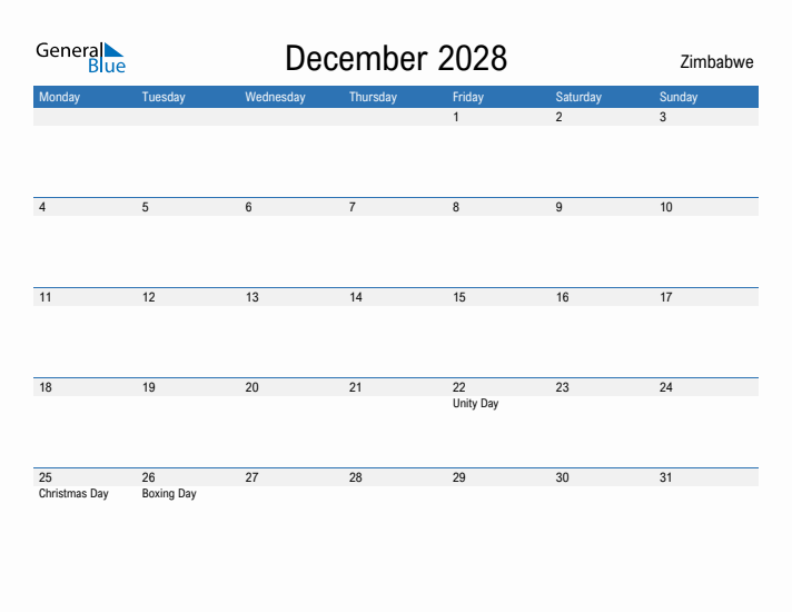 Fillable December 2028 Calendar