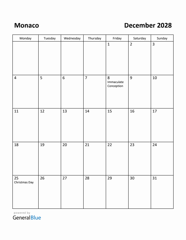 December 2028 Calendar with Monaco Holidays