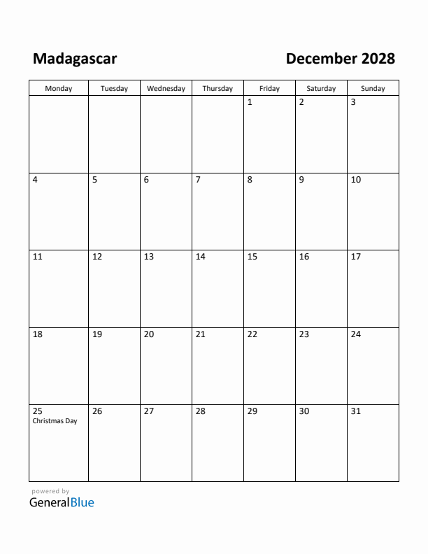 December 2028 Calendar with Madagascar Holidays