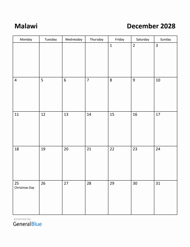 December 2028 Calendar with Malawi Holidays