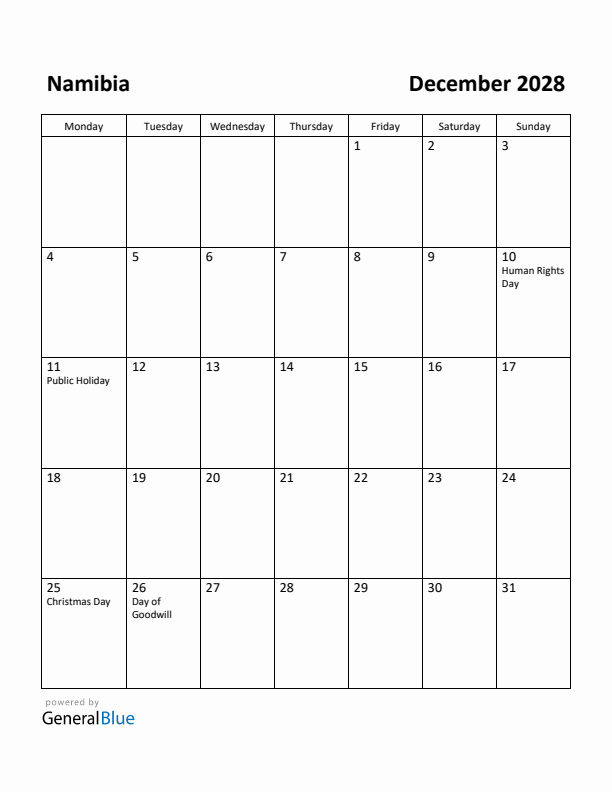 December 2028 Calendar with Namibia Holidays