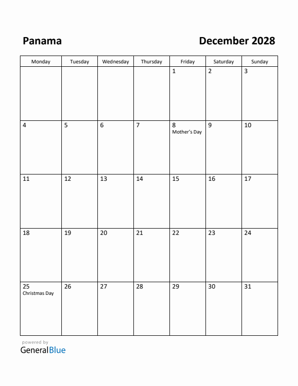 December 2028 Calendar with Panama Holidays