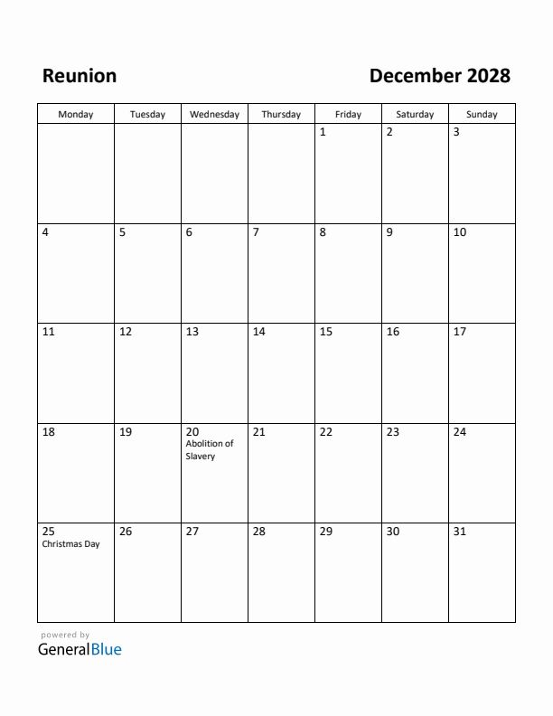 December 2028 Calendar with Reunion Holidays