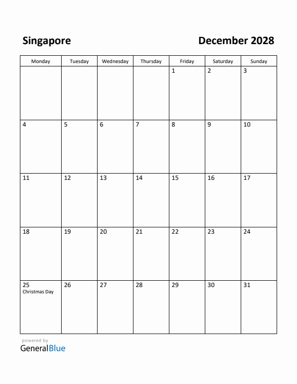 December 2028 Calendar with Singapore Holidays