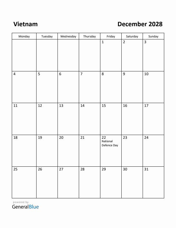 December 2028 Calendar with Vietnam Holidays