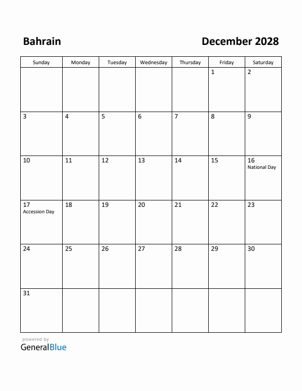 December 2028 Calendar with Bahrain Holidays