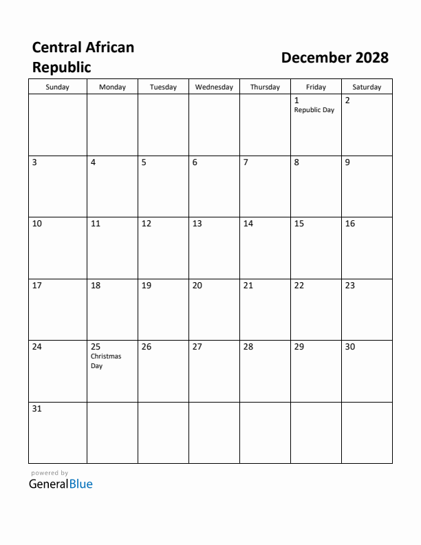 December 2028 Calendar with Central African Republic Holidays