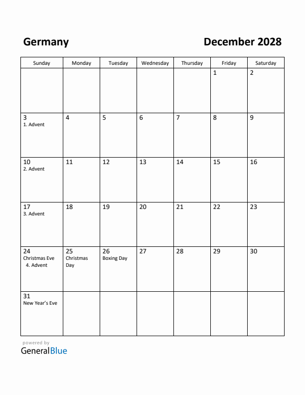 December 2028 Calendar with Germany Holidays