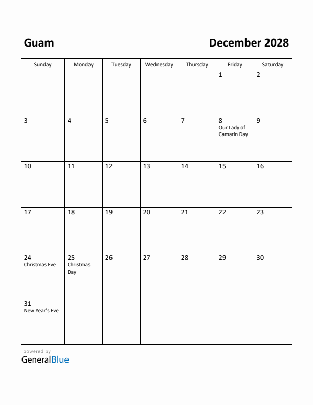 December 2028 Calendar with Guam Holidays