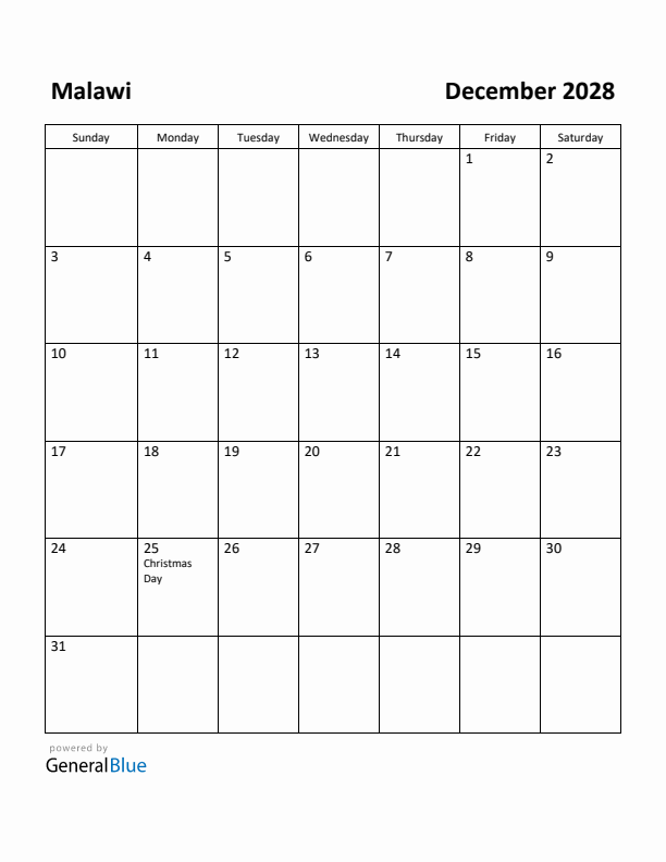 December 2028 Calendar with Malawi Holidays