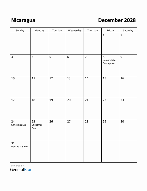 December 2028 Calendar with Nicaragua Holidays