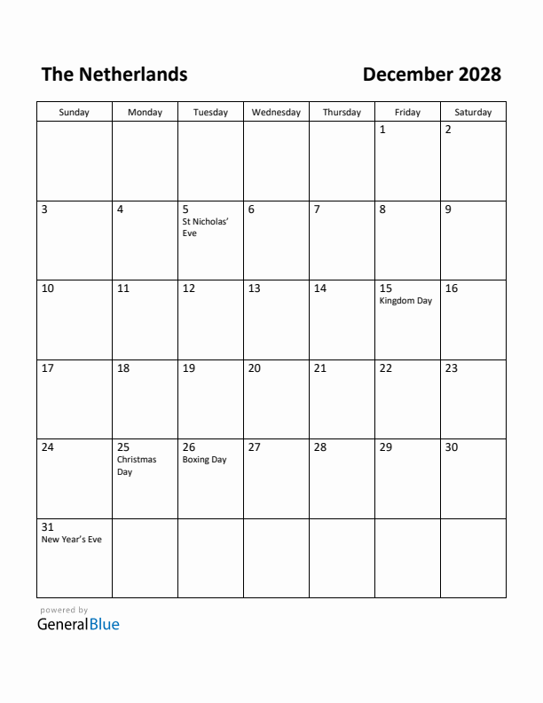 December 2028 Calendar with The Netherlands Holidays