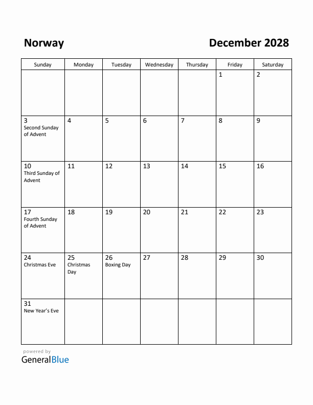 December 2028 Calendar with Norway Holidays