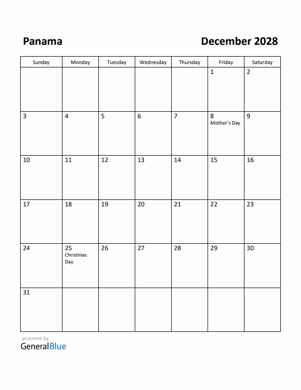 December 2028 Calendar with Panama Holidays