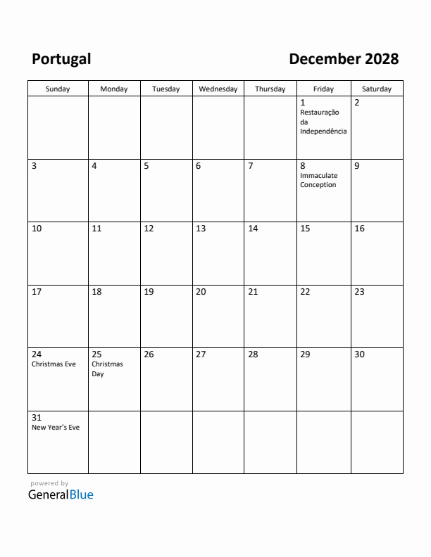 December 2028 Calendar with Portugal Holidays