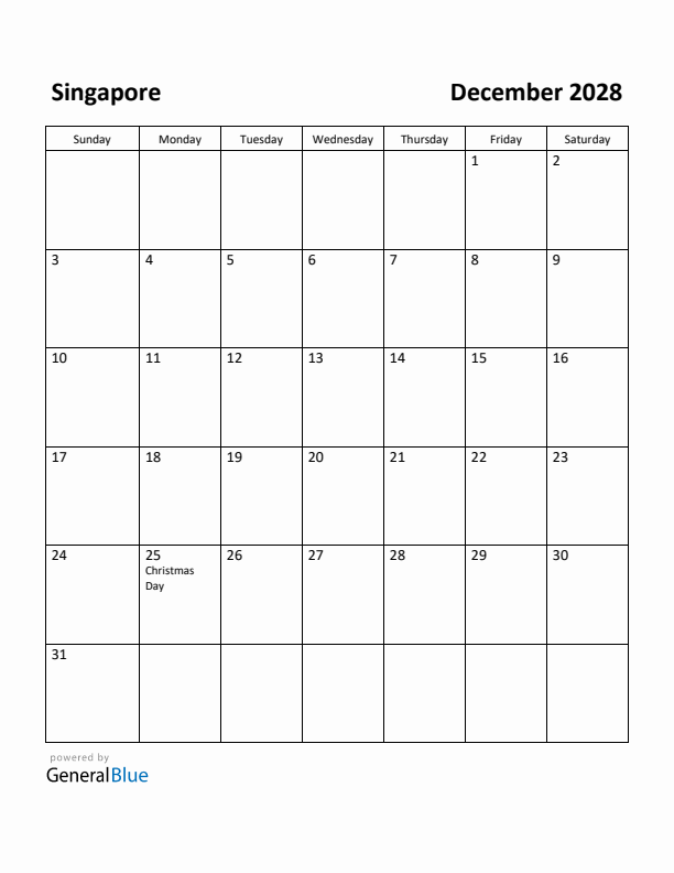 December 2028 Calendar with Singapore Holidays