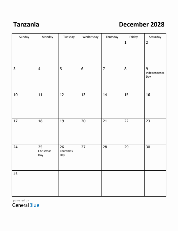 December 2028 Calendar with Tanzania Holidays