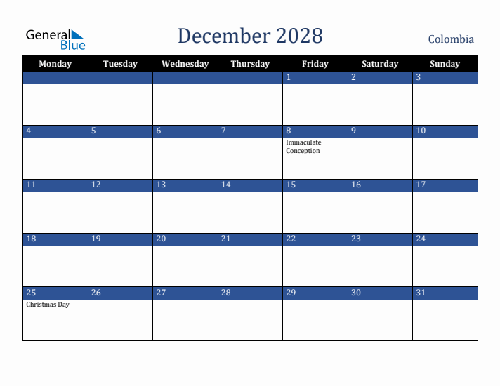 December 2028 Colombia Calendar (Monday Start)