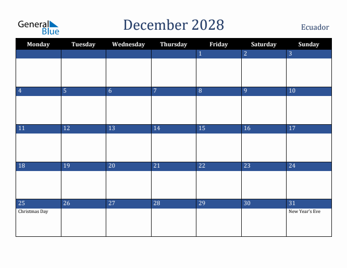 December 2028 Ecuador Calendar (Monday Start)