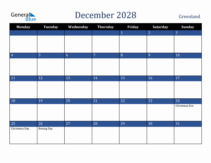 December 2028 Greenland Calendar (Monday Start)