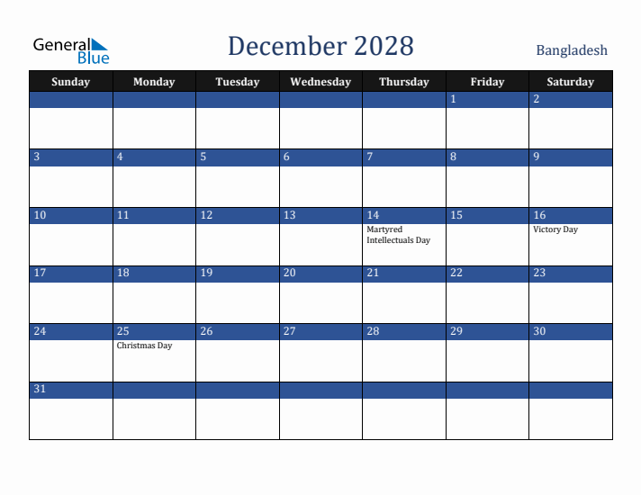 December 2028 Bangladesh Calendar (Sunday Start)