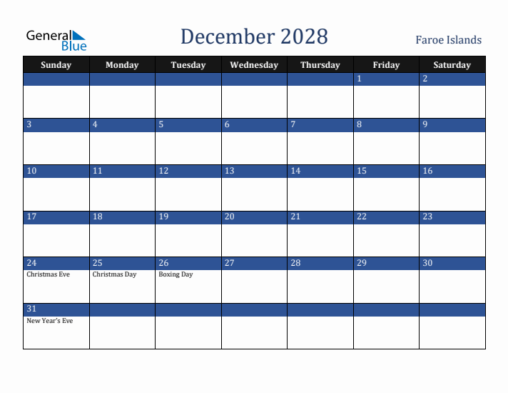 December 2028 Faroe Islands Calendar (Sunday Start)