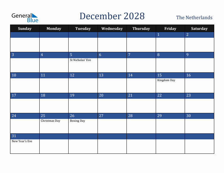 December 2028 The Netherlands Calendar (Sunday Start)