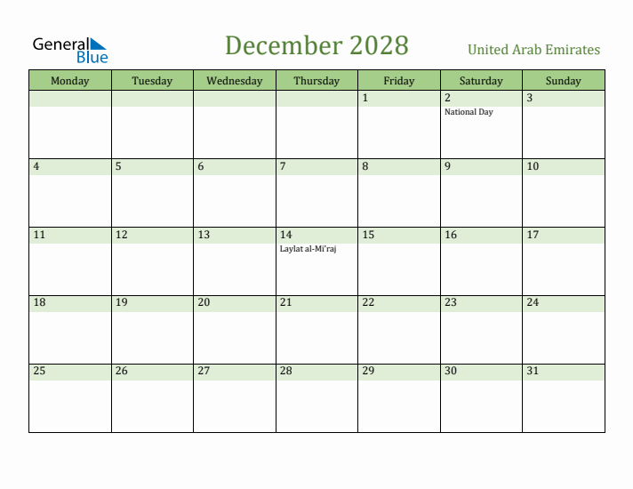 December 2028 Calendar with United Arab Emirates Holidays