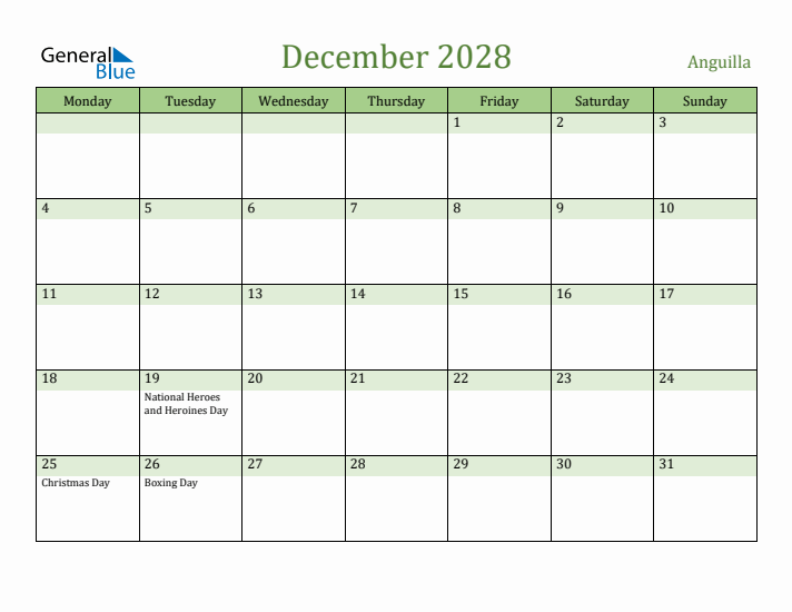 December 2028 Calendar with Anguilla Holidays