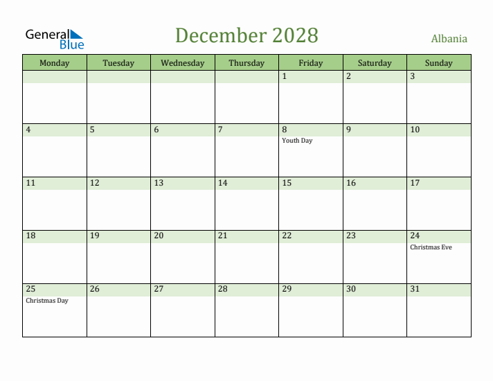 December 2028 Calendar with Albania Holidays