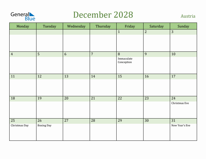 December 2028 Calendar with Austria Holidays