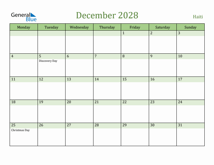 December 2028 Calendar with Haiti Holidays