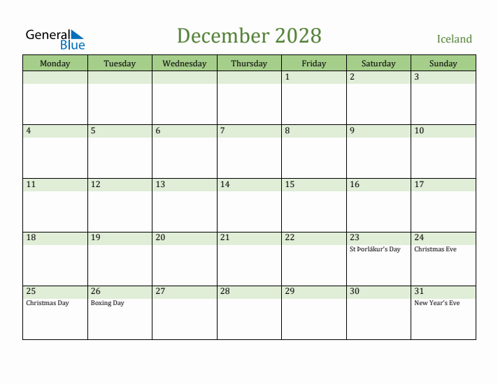 December 2028 Calendar with Iceland Holidays