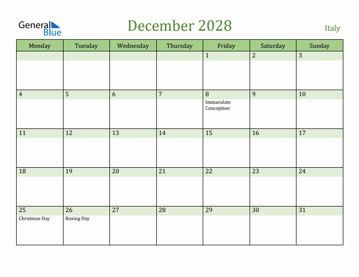 December 2028 Calendar with Italy Holidays