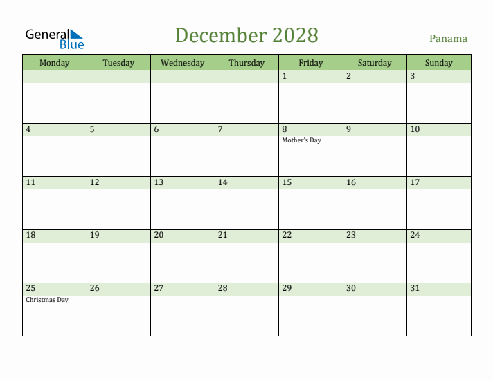 December 2028 Calendar with Panama Holidays