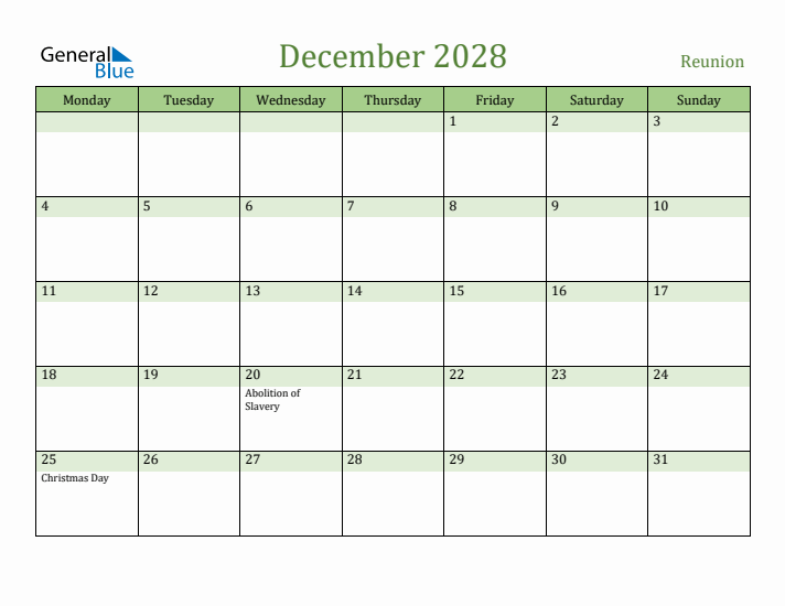 December 2028 Calendar with Reunion Holidays