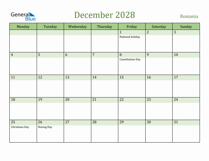 December 2028 Calendar with Romania Holidays