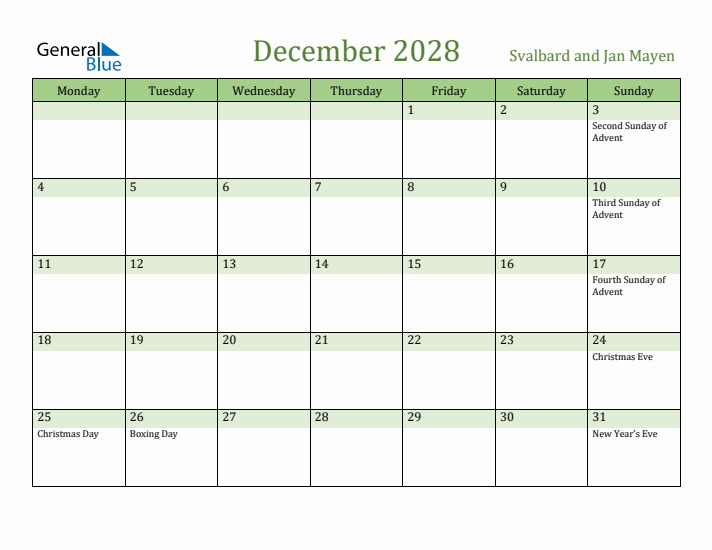 December 2028 Calendar with Svalbard and Jan Mayen Holidays