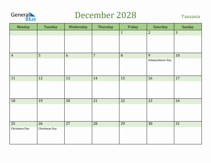 December 2028 Calendar with Tanzania Holidays