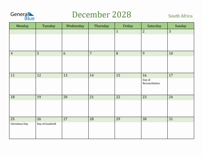 December 2028 Calendar with South Africa Holidays