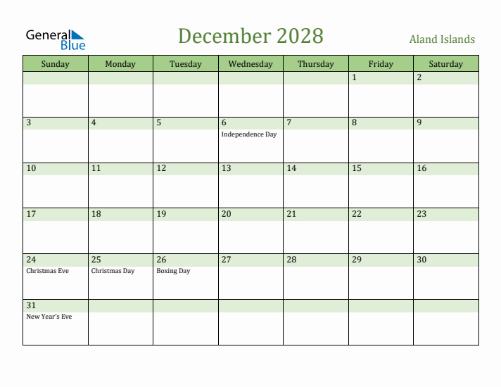 December 2028 Calendar with Aland Islands Holidays