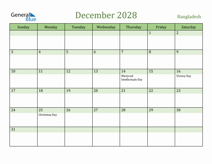 December 2028 Calendar with Bangladesh Holidays